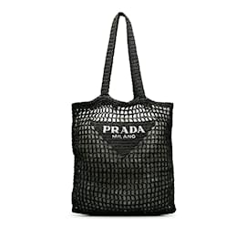 Prada-Black Prada Crochet Raffia Logo Tote-Black