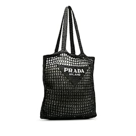 Prada-Schwarze Prada-Tragetasche aus gehäkeltem Raffiabast mit Logo-Schwarz