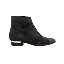 Chanel-Black Chanel Cap-Toe Faux Pearl-Accented Ankle Boots Size 38.5-Black