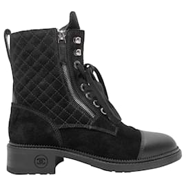 Chanel-Black Chanel Suede & Leather Quilted Combat Boots Size 38.5-Black