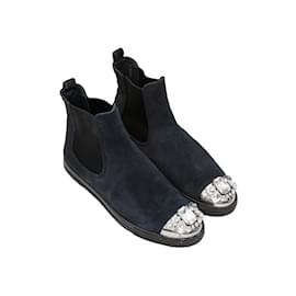 Miu Miu-Navy Miu Miu Suede Embellished High-Top Sneakers Size 38.5-Navy blue