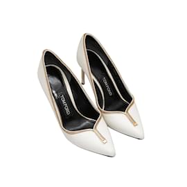 Tom Ford-White & Gold-Tone Tom Ford Pointed-Toe Zipper Pumps Size 37-White