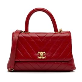 Chanel-Bolso satchel pequeño Chanel de piel de cordero con asa de coco Chevron rojo-Roja