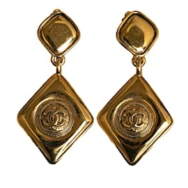 Chanel-Boucles d'oreilles clips pendantes Chanel CC dorées-Doré