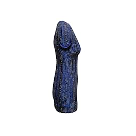 Autre Marque-Blaues und schwarzes London Luxe Minikleid aus perlenbesetzter Seide, Größe US XS-Blau