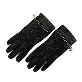 Chanel-Guantes Chanel de piel de cordero CC con eslabones de cadena negros-Negro