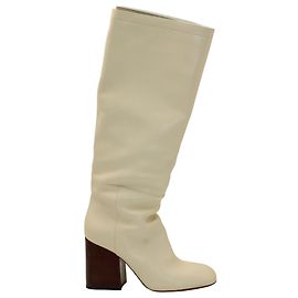 Marni Block Heel Under Knee Boots in Cream Leather White Cream
