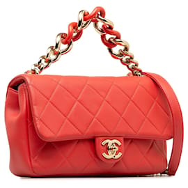 Chanel-Chanel rouge petit rabat en chaîne élégante en cuir d'agneau-Rouge