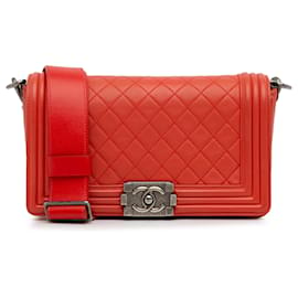 Chanel-Chanel Red Medium Lambskin Boy Galuchat Strap Flap Bag-Red