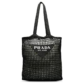 Prada-Prada Black Crochet Raffia Logo Tote-Black