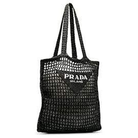 Prada-Prada Bolsa preta com logotipo de ráfia em crochê-Preto