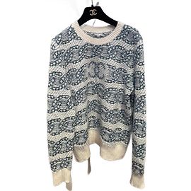 Chanel Cocomark Pullover Weiß Blau Baumwolle Kaschmir 42 Weiß Blau