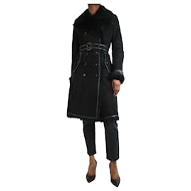 Burberry-Casaco de couro preto com cinto de shearling - tamanho Reino Unido 12-Preto