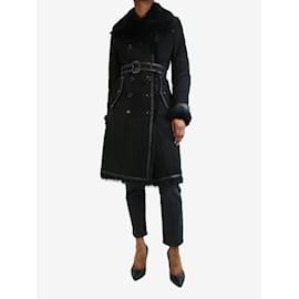 Burberry-Black shearling belted leather coat - size UK 12-Black