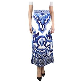 Dolce & Gabbana-Blue floral-printed silk midi skirt - size UK 8-Blue