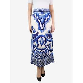 Dolce & Gabbana-Blue floral-printed silk midi skirt - size UK 8-Blue