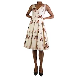 Prada-Vestido midi de seda plisado con estampado floral color crema - talla UK 6-Crudo