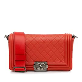 Chanel-Rote Chanel Medium Lammleder Boy Galuchat Strap Flap Bag-Rot