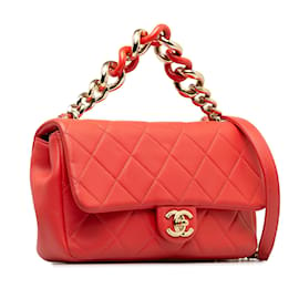 Chanel-Borsa a tracolla singola Chanel piccola in pelle di agnello rossa con catena elegante-Rosso