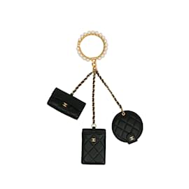 Chanel-Black Chanel Pearl Crown CC Wristlet Multi Pouches Clutch Bag-Black