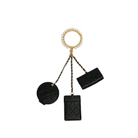 Chanel-Black Chanel Pearl Crown CC Wristlet Multi Pouches Clutch Bag-Black