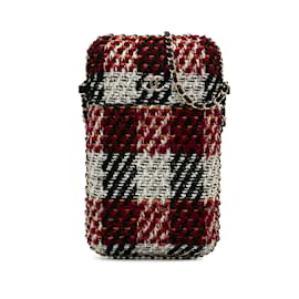 Chanel-Corrente vermelha de tweed Chanel em torno da bolsa crossbody do suporte do telefone-Vermelho