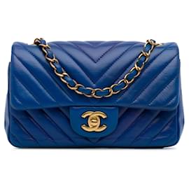 Chanel-Chanel Blue Mini Chevron Quilted Lambskin Rectangular Flap Bag-Blue