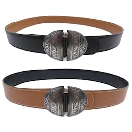 Hermès-CEINTURE HERMES BOUCLE TOUAREG EN ARGENT 925 LIEN REVERSIBLE 32 75-83 BELT-Noir