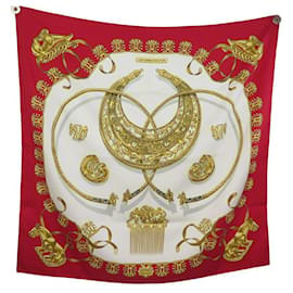 Hermès-HERMES LES CAVALIERS D’OR SQUARE SCARF 90 RED SILK + SILK SCARF BOX-Red