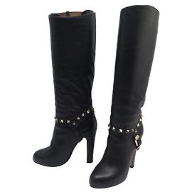 VALENTINO ROCKSTUD SHOES HEEL BOOTS 35 BLACK LEATHER HIGH BOOTS Black