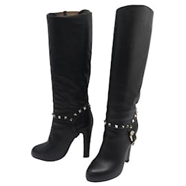 Valentino-VALENTINO ROCKSTUD SHOES HEEL BOOTS 35 BLACK LEATHER HIGH BOOTS-Black