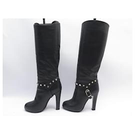 Valentino-VALENTINO ROCKSTUD SHOES HEEL BOOTS 35 BLACK LEATHER HIGH BOOTS-Black