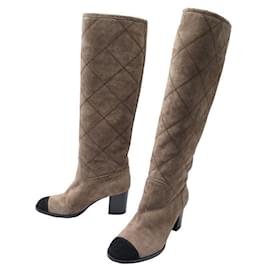 Chanel-CHANEL BOOTS WITH G HEELS28056 38 BROWN SUEDE BOX BOOTS SHOES-Brown