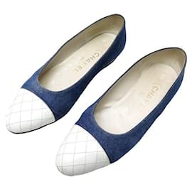 Chanel-VINTAGE CHANEL BALLERINA SHOES 36.5 CANVAS DENIM LEATHER QUILTED SHOES-Blue