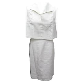 Hermès-HERMES QUILTED WHITE COTTON TOP + SKIRT SET M 40 WHITE TOP SKIRT-White