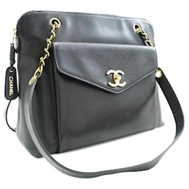 Chanel-CHANEL Caviar Large Chain Shoulder Bag Black Leather Gold Zipper-Black