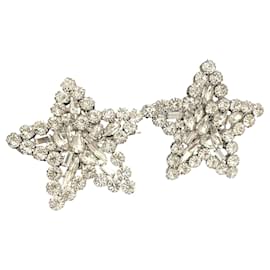 Alessandra Rich-Alessandra Rich Platinum Tone Crystal Embellished Star Shape Clip Earrings-Silvery