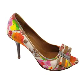 Christian Dior-Christian Dior White Multi Floral Printed Bow Detail Logo Plaque Peep Toe Pumps-Multiple colors