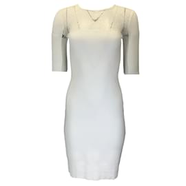 Emanuel Ungaro-Emanuel Ungaro White Sheer Panel Lace Detail Short Sleeved Knit Dress-White