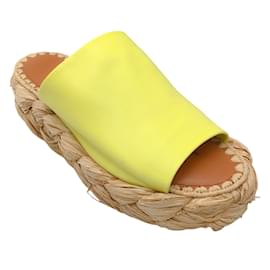 Robert Clergerie-Robert Clergerie Yellow Leather and Raffia Slide Sandals-Yellow
