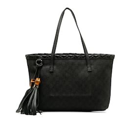 Gucci-Black Gucci GG Denim Bamboo Tassel Tote-Black