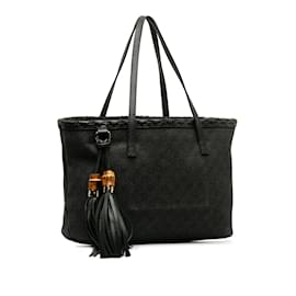 Gucci-Black Gucci GG Denim Bamboo Tassel Tote-Black