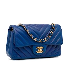 Chanel-Blue Chanel Mini Chevron Quilted Lambskin Rectangular Flap Bag-Blue