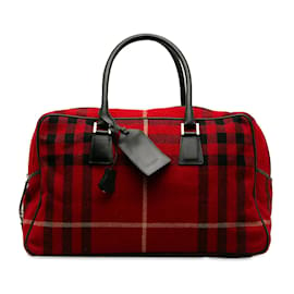Burberry-Rote Burberry-Woll-Übernachttasche mit Hauskaromuster-Rot