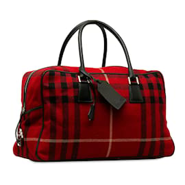 Burberry-Red Burberry Wool House Check Overnight Bag-Red