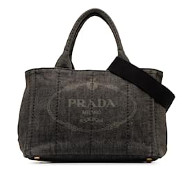 Prada-Black Prada Canapa Logo Denim Satchel-Black