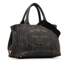 Prada-Black Prada Canapa Logo Denim Satchel-Black