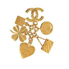 Chanel-Broche con dijes de icono de Chanel dorado-Dorado