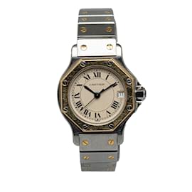 Cartier-Silver Cartier Automatic 18K Gold and Stainless Steel Santos Octagon Watch-Silvery