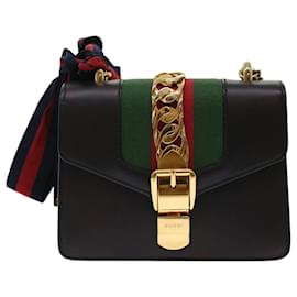 Gucci-GUCCI Web Sherry Line Chain Silvi Shoulder Bag Leather Black 431666 auth 49437A-Black